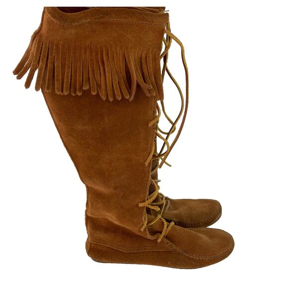 MINNETONKA Brown Genuine Suede Knee High Lace Up Moccasins Boots 7 CLASSIC - Picture 1 of 6